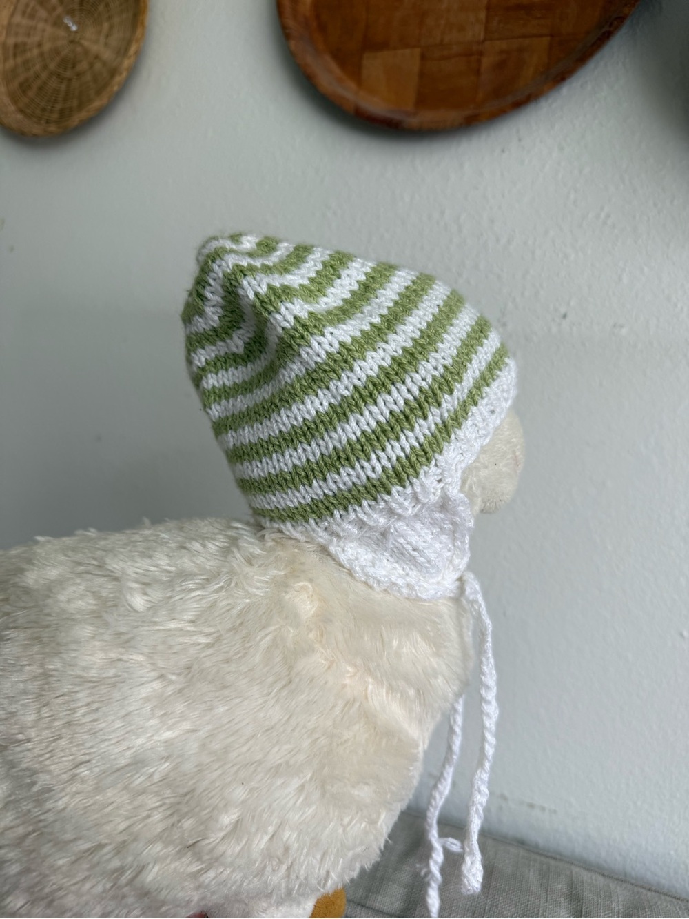 Hand-Knit baby Green and White Striped Earflap Hat Aviator